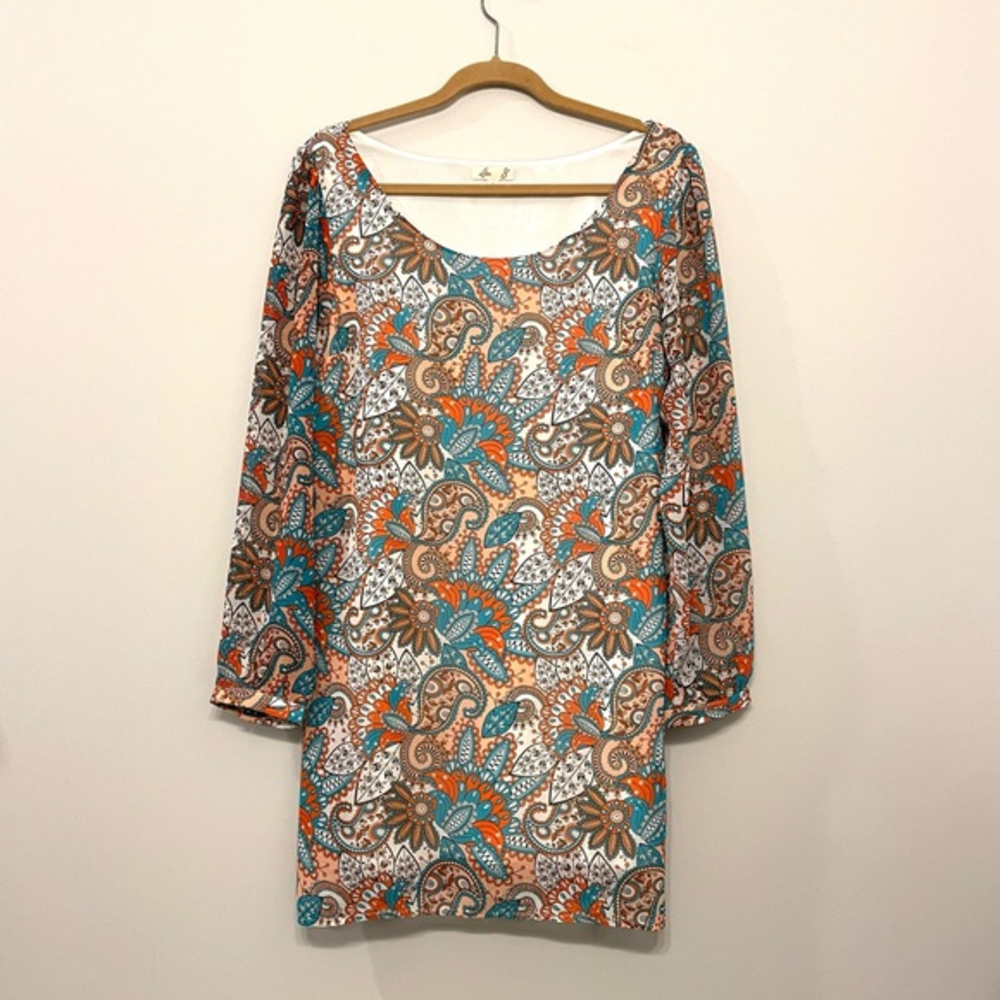 Paisley Print Mini Dress A-line long sleeve Boho by L8ter Junior’s size L NWOT